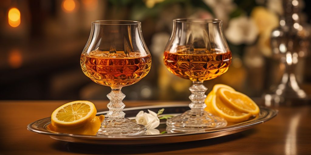 Two glasses of Nikolaschka cocktail on a wooden table in a warm, cosy German home setting 