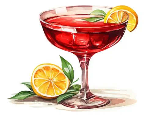 Classic color illustration of a red Old Pal cocktail with lemon garnish