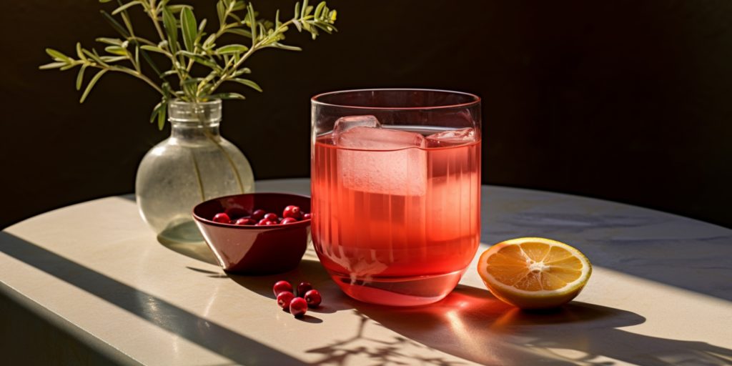 Pomegranate whiskey sour variation on a kitchen table