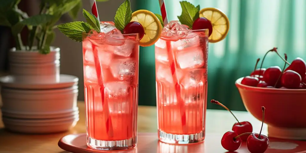 Two Shirley Temple Mocktails with cherry, lemon and mint garnish