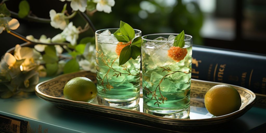 A pair of Shocho Apple Sour Cocktails A Hana Hana Highball cocktail in a light, bright indoor Japanese setting