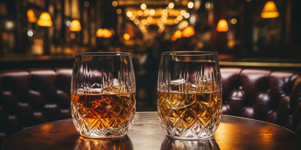 A tumbler of single malt whiskey and blended whiskey next to one another on a table in a whiskey bar next to two leather chairs