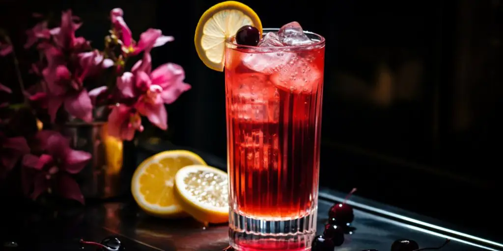 A refreshing Sloe Gin Holler cocktail on a table against a dark background with a vase of purple flowers 