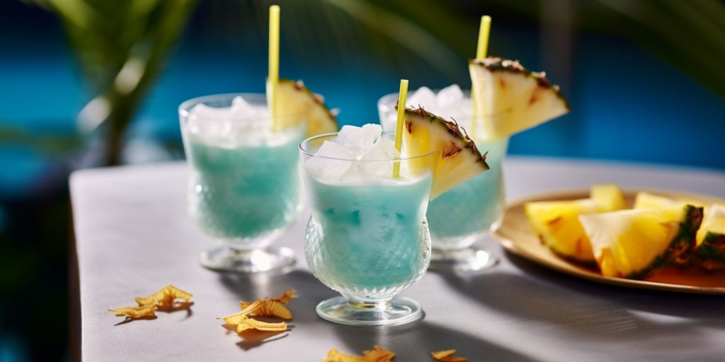 Three Swimming Pool cocktails on a table next to a pool with a bowl of fresh pineapple next to it