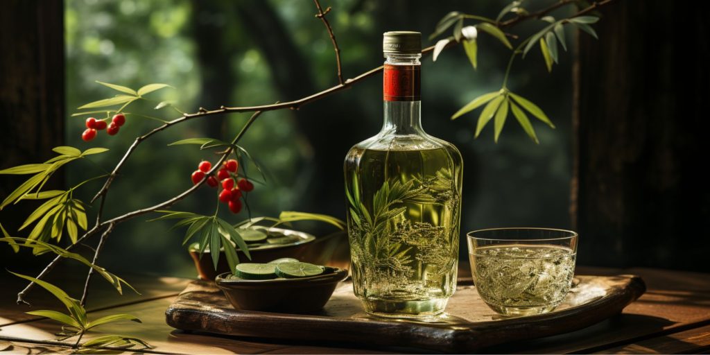 Close up of a bottle of shochu styled with an ornate shot glass of the Japanese spirit in a bright outdoor environment with lots of bamboo and greenery