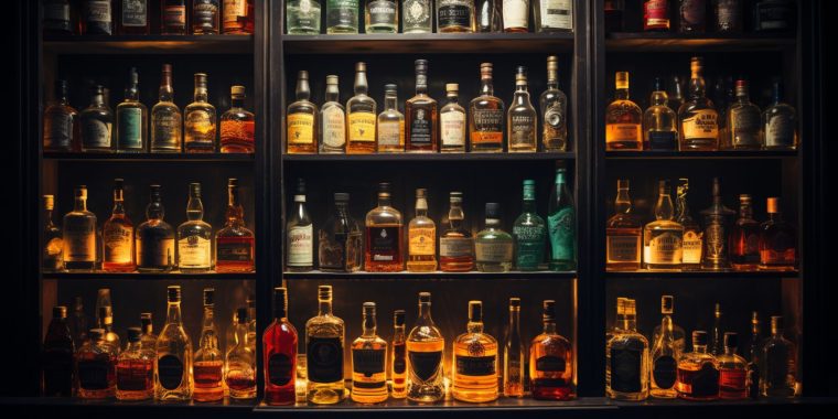 Wide shot of a cabinet behind a bar filled with different types of whiskey all in different bottles