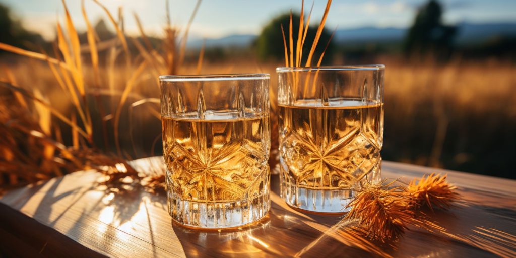 Two tumblers of Wheat Whiskey on a table in a field of ripe wheat in summertime