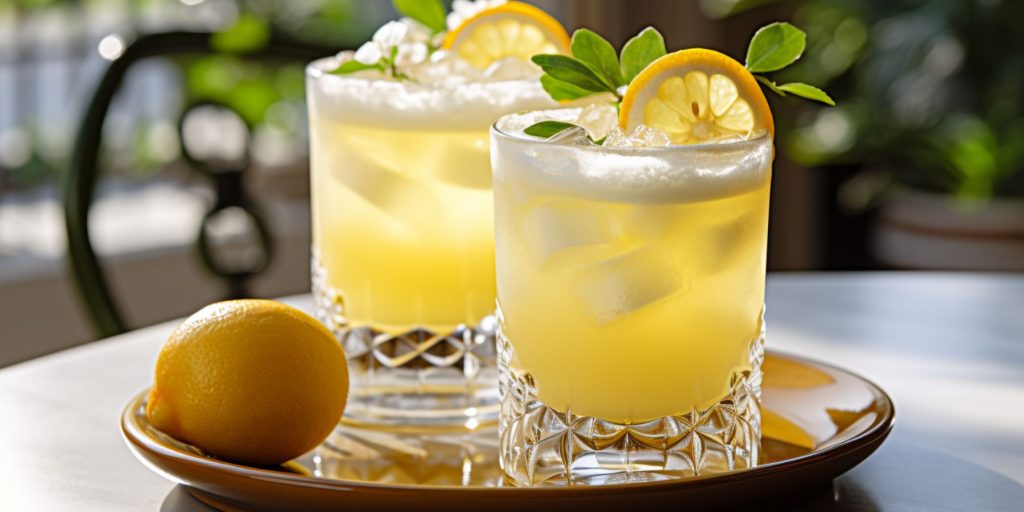 A pair of Yuzu Sour cocktails in a light bright Japanese indoor setting