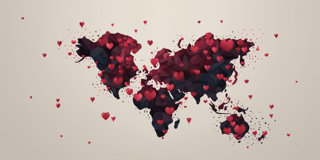 Map showing red hearts to symbolise bars taking part in Negroni Week all over the world