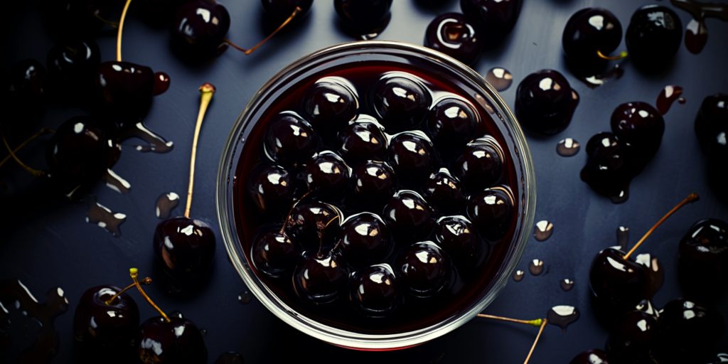 Top view of a bowl of Curious Kitchen Boozy Cherries