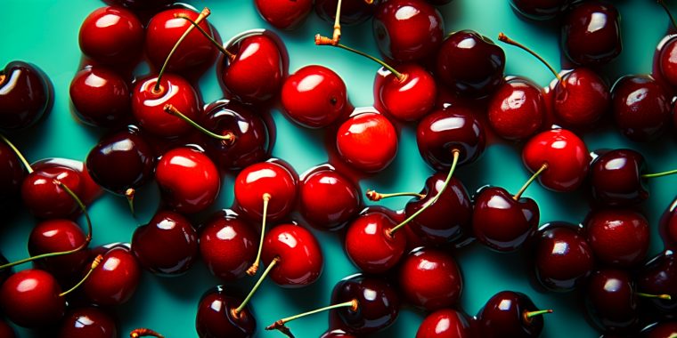 Top view of different cocktail cherries on a blue-green surface