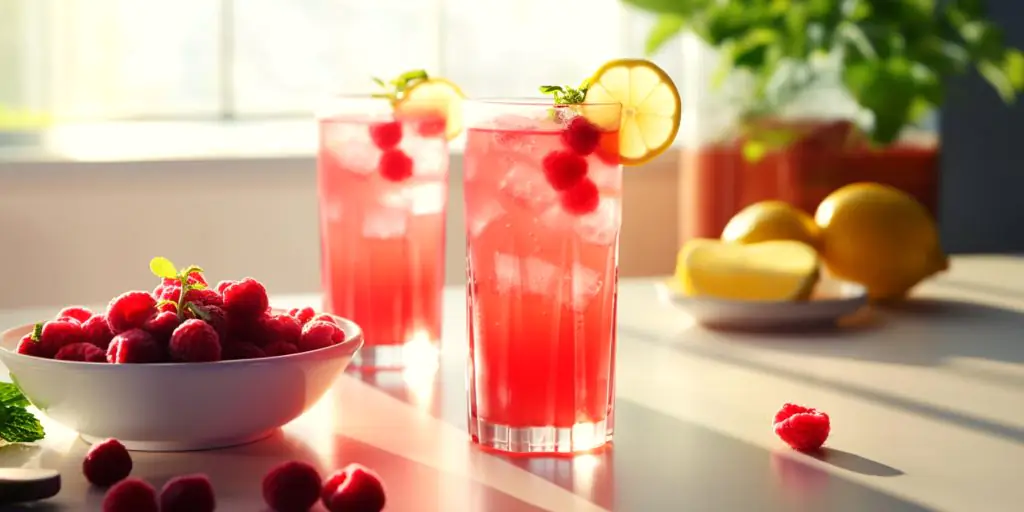Two bright red Raspberry Vodka Lemonades in a bright kitchen setting