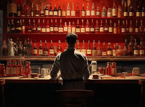 Illustration of a bartender looking at bottles of Campari on a shelf