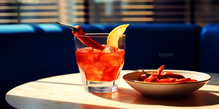 Spicy Negroni with red chili and fresh lemon garnish