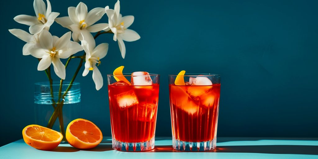 Two Dear Jane cocktails next to a vase of white lillies