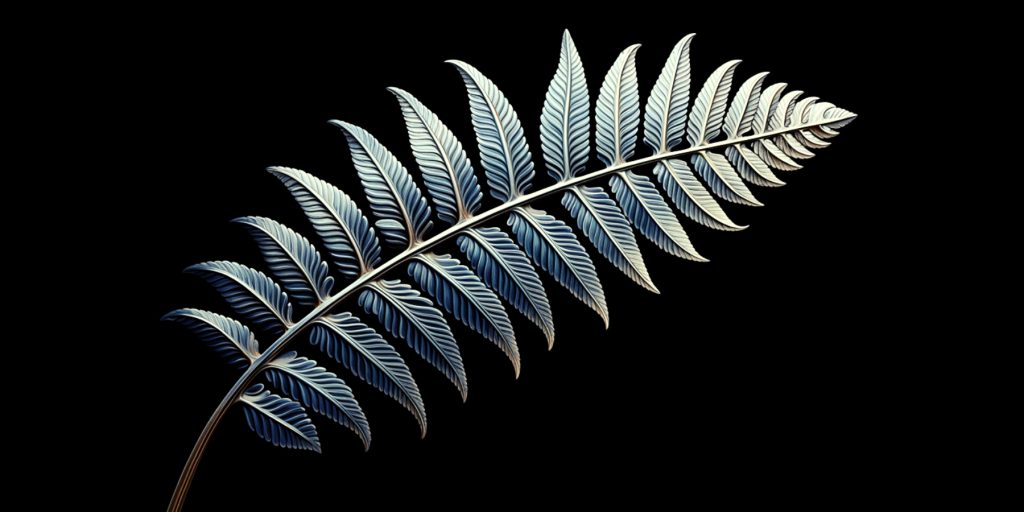 Color illustration of a silver fern on black background