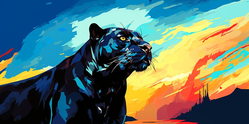 Color illustration of a black puma in Argentinian flag motif 