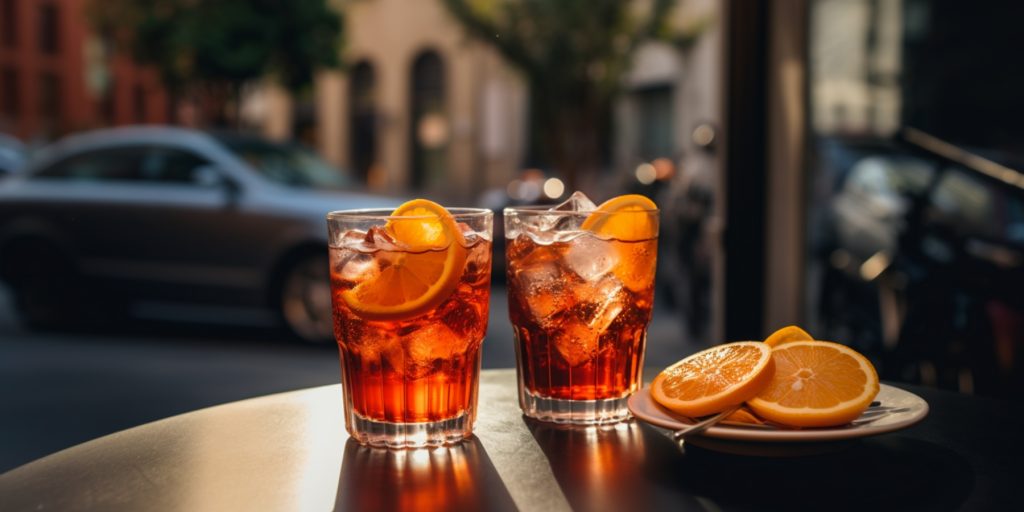 Two bright Bicicletta cocktails with fresh orange slice garnish