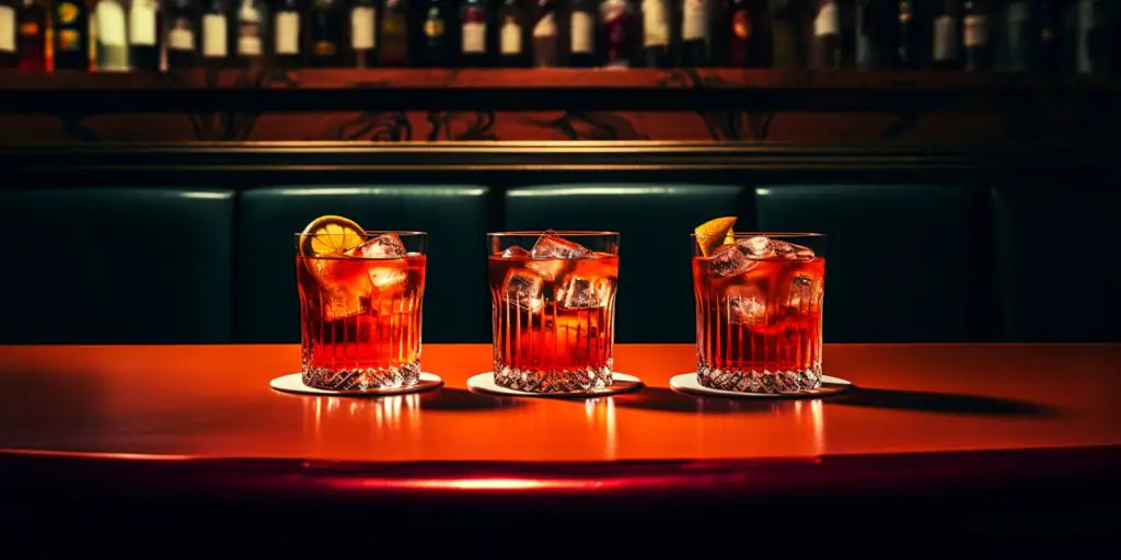 Three classic Negroni cocktails in a bar lounge