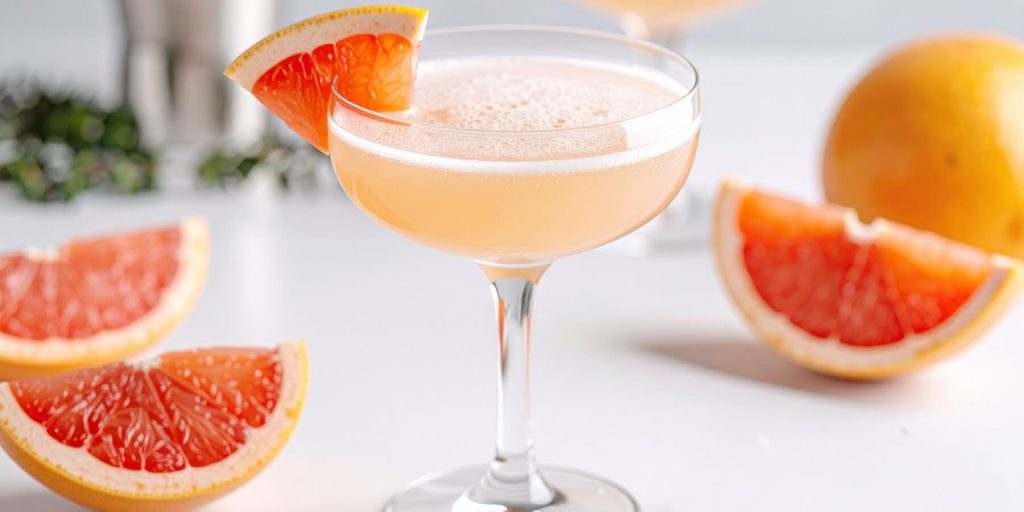 A close-up of a Greyhound cocktail served in a coupe glass with fresh grapefruit garnish