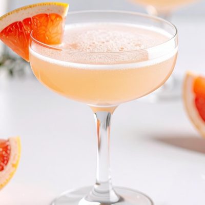 A close-up of a Greyhound cocktail served in a coupe glass with fresh grapefruit garnish