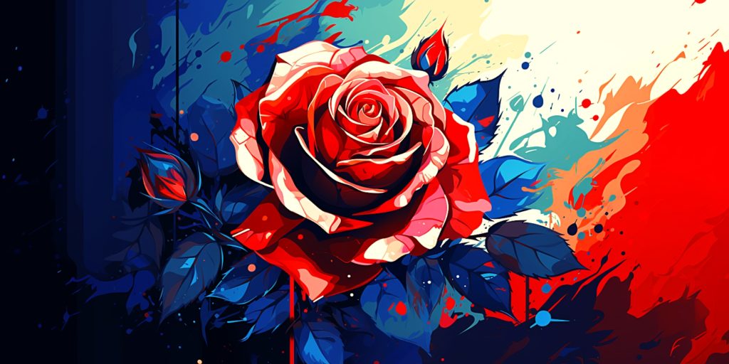 Color illustration of a red rose in British flag motif