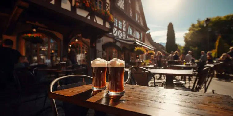 Two Bavarian Coffee cocktails on a table at an outdoor Bavarian Cafe in the daytime, sunny day, festive friends in the background, classic German architecture