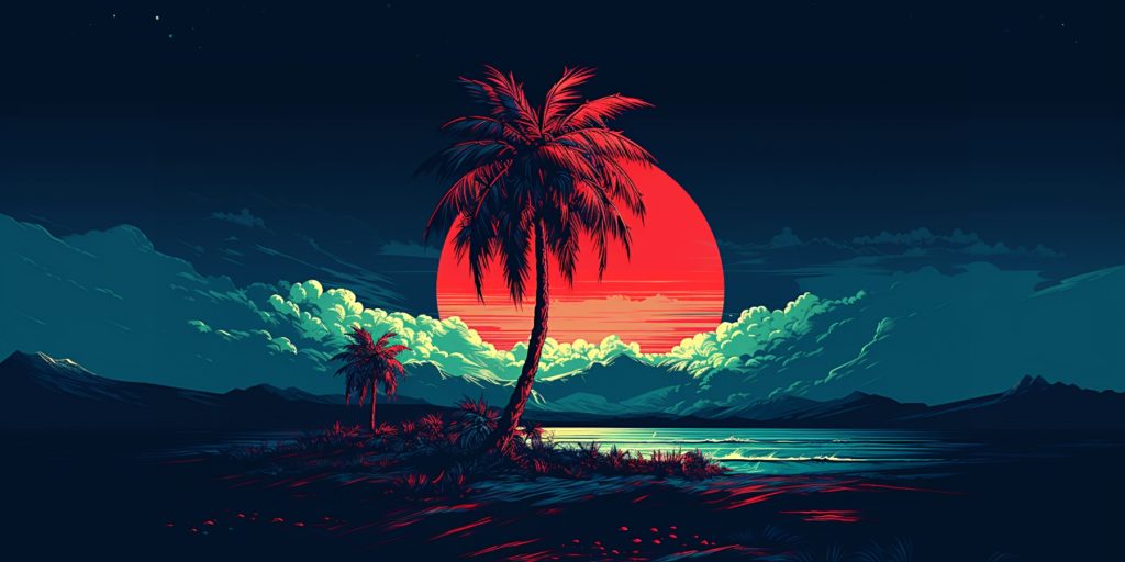 Color illustration of a palm tree at sunset, representing Fiji