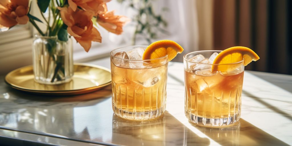 Two White Negronis on a table in a light bright home kitchen with peach blossoms in a vase nearby