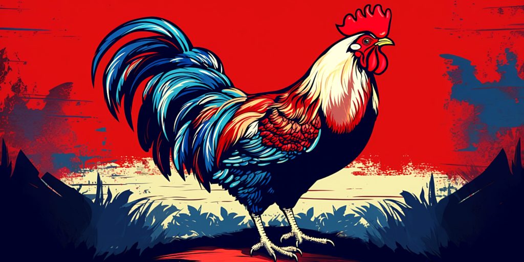 Color illustration of a rooster in French flag colors