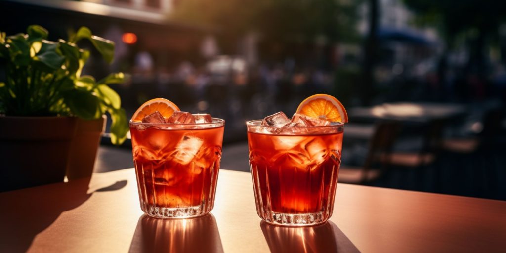 Two Negroni cocktails on an outdoor table in the sunlight at a cafe in Amsterdam