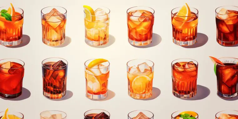 Repetive illustrated pattern showing different kinds of Negroni cocktails made with different types of gin