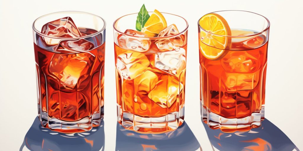 A classic colour illustration of three different kinds of Negroni cocktails next to one another on a flat white surface