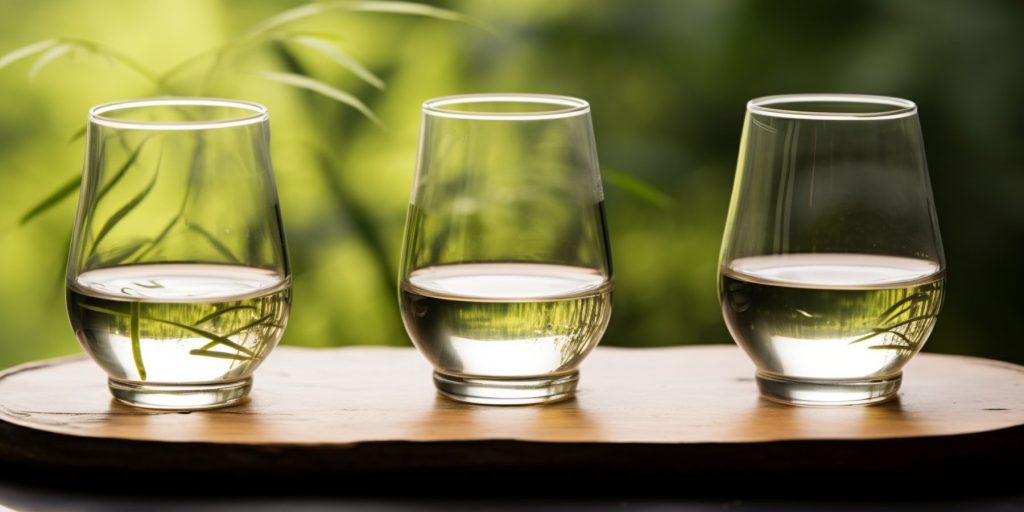 Three tasting glasses of Japanese gin on a wooden serving platter in a minimalist Japanese courtyard with bamboo in the background