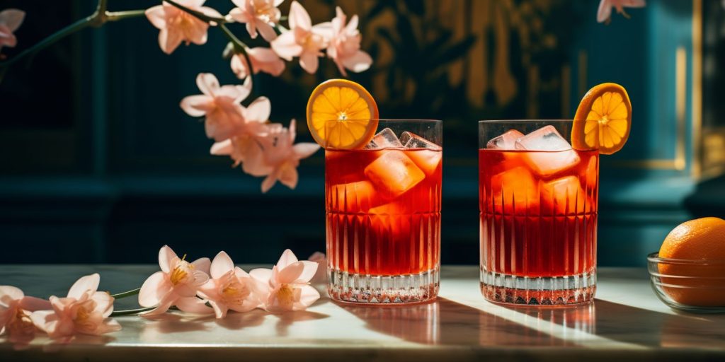 Two Negroni cocktails on an outdoor table near a shipping yard showing Navy ships in the background