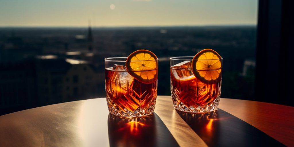 Two Negroni cocktails on an outdoor table showing a London skyline in the distance