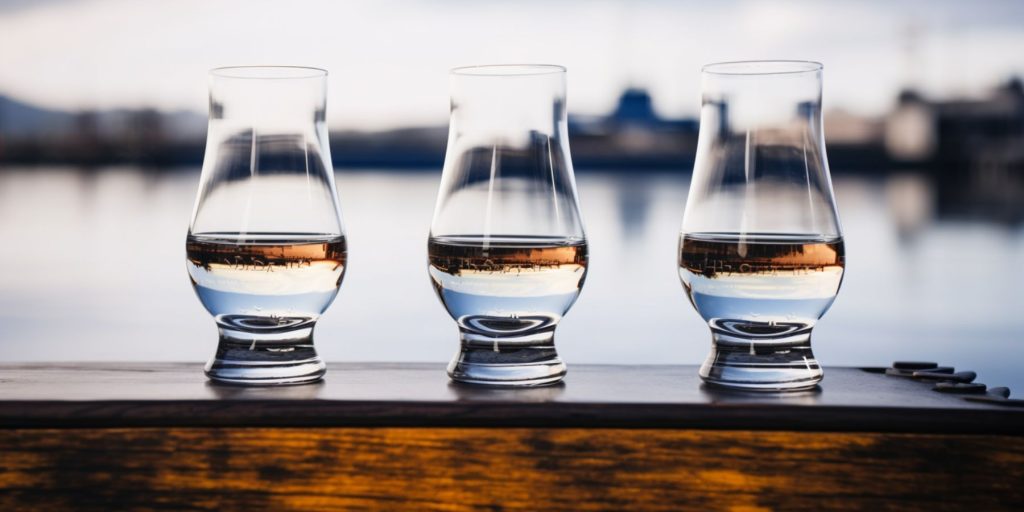 Three tasting glasses of Navy Strength gin on a table outside in the sunshine with a shipping yard and harbour visible in the background