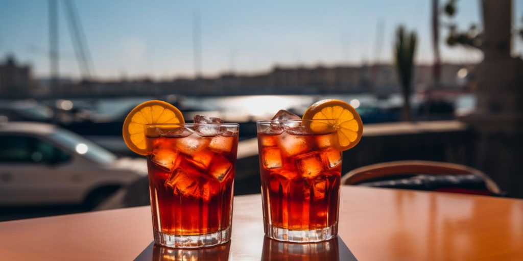 Two Negroni cocktails on an outdoor table near a shipping yard showing Navy ships in the background