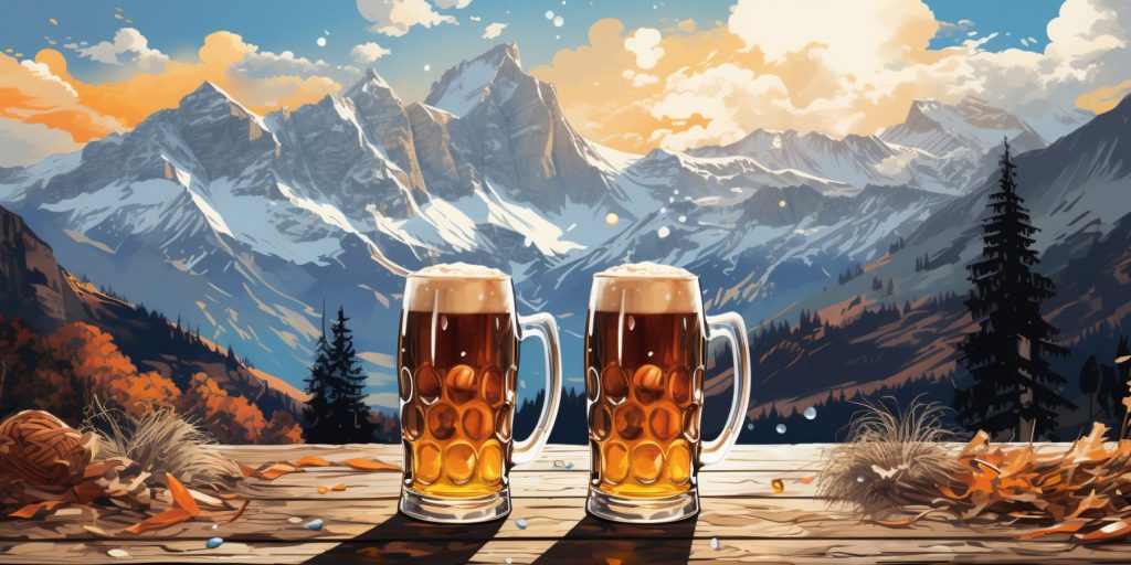 Classic colour illustration of beers against an Alpine backdrop