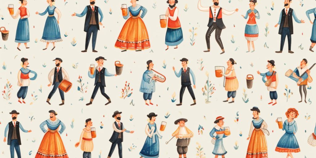 German folk art illustration of Oktoberfest outfits