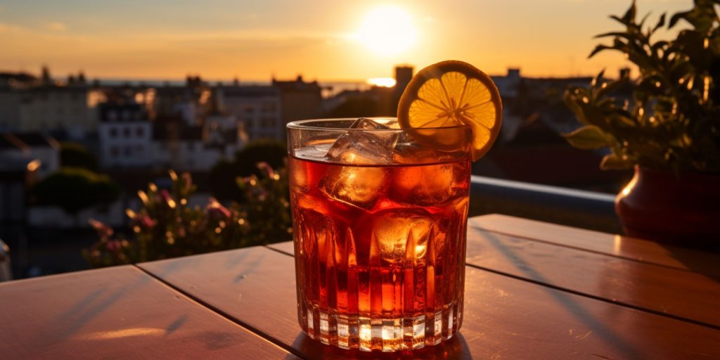A Negroni cocktail on an outdoor table at sunset showing Plymouth landmarks in the background