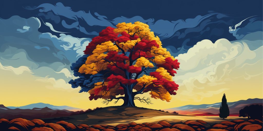 Color illustration of a giant oak tree in Romanian flag colors