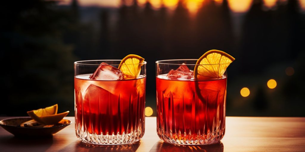 Two Negroni cocktails on a window sill overlooking a pine tree forest with fairy lights in the background