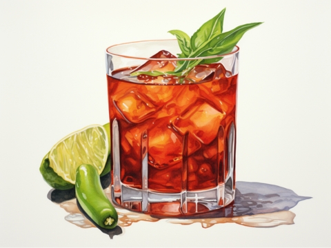 Classic pencil illustration of a Spicy Negroni garnished with a basil leaf, flanked by a lime wedge and a chilli