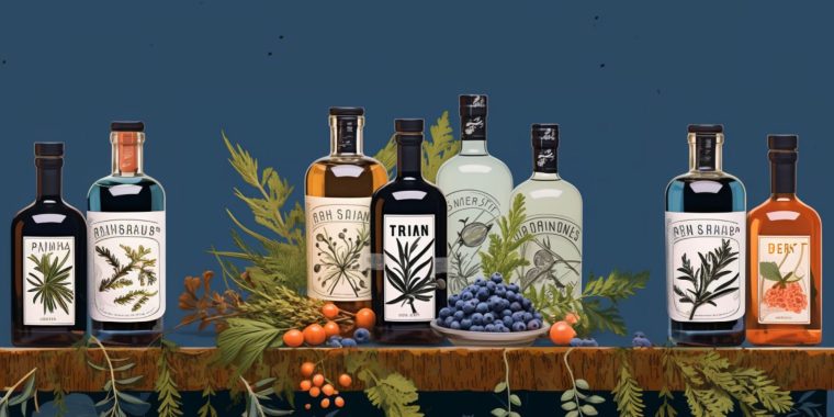 Classic colour illustration of a variety of bottles of gin on a table along with juniper berries and leaves and other botanicals