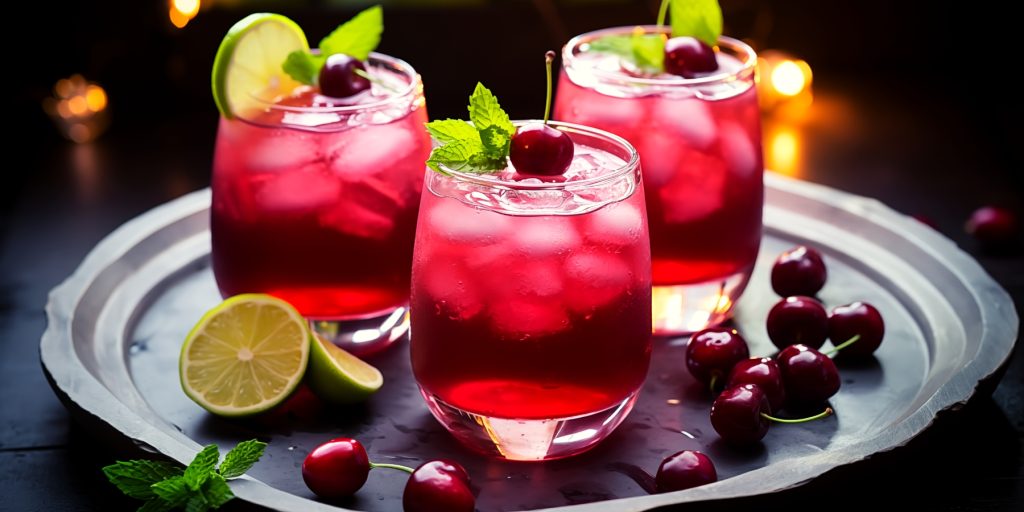 Three glasses of Cherry Punch on a serving platter in a room dressed for the holidays