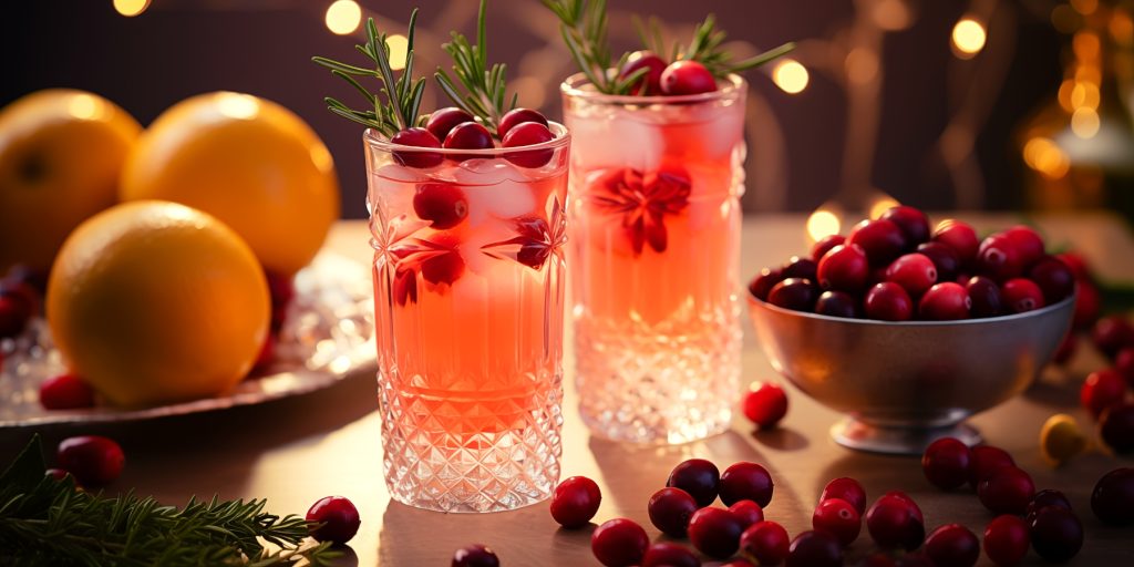 Two glasses of Christmas Morning Punch garnished with fresh granberries on a table in a room decorated for the festive season