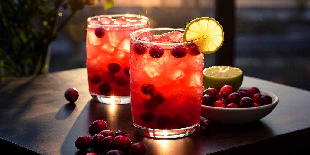 Two glasses of Cranberry-Apple Cider on a table in a bright home kitchen environment