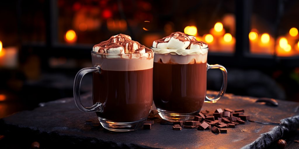 Two mugs of creamy Crockpot Hot Chocolate in front of a row of candles in a festive room decorated for the holidays