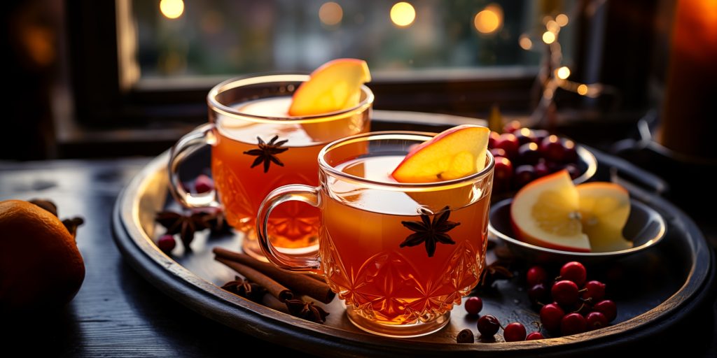 Two cups of Mulled Apple Cider on a table in front of a window in a cosy living room over the festive season